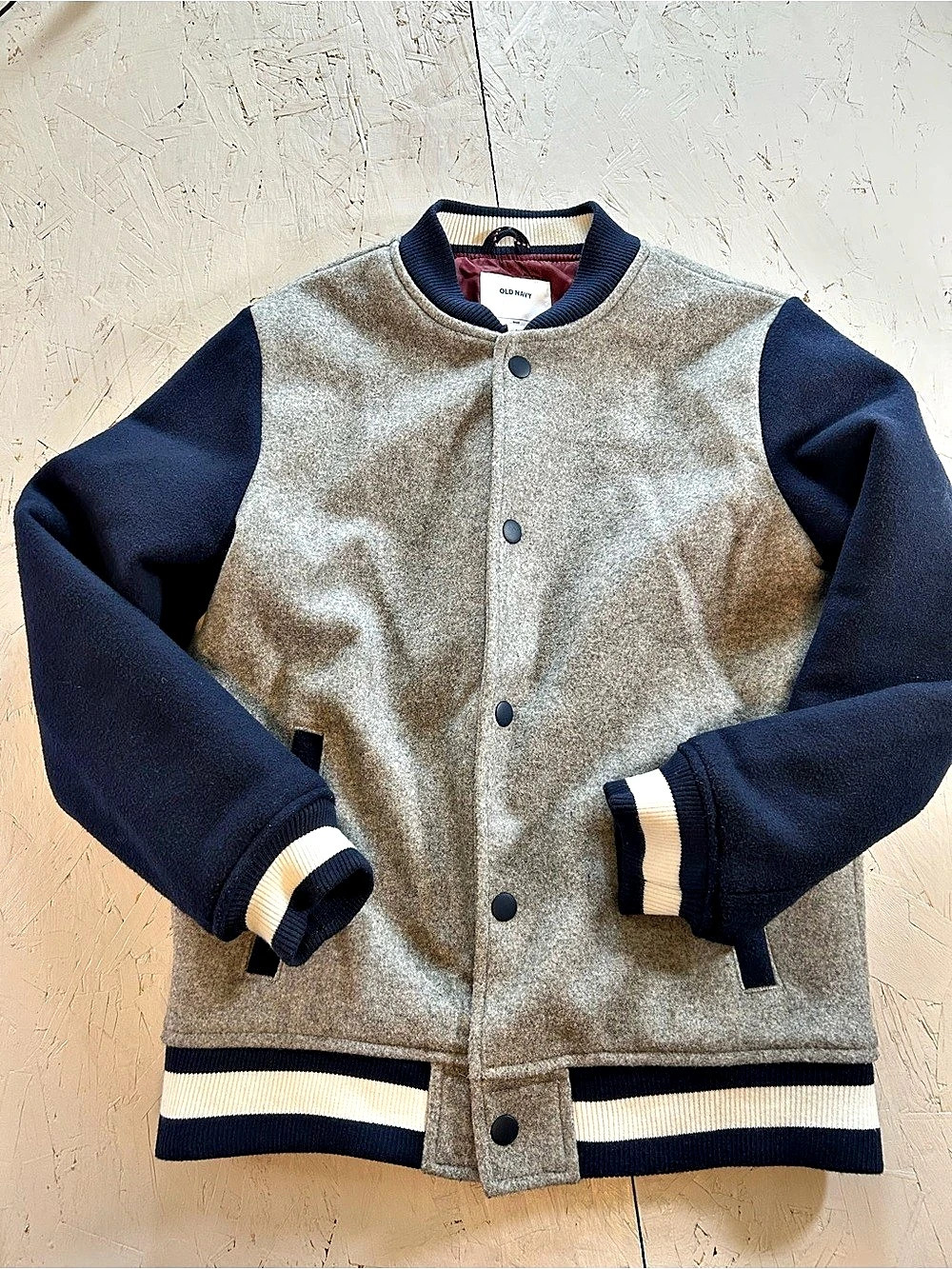 Old Navy Boys Varsity Bomber Jacket Color Block Gray & Blue Medium
